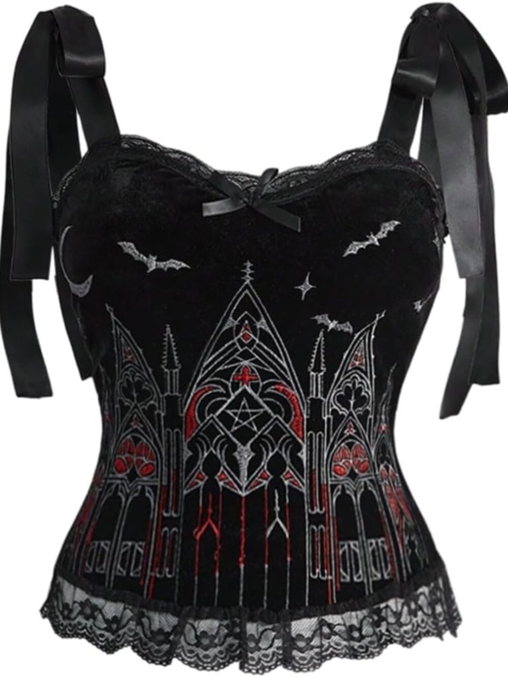 Gothic Embroidery Lace Trim Camisole with Tie Shoulder - Women's Trendy Top